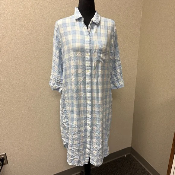 Lauren Ralph Lauren Blue Plaid Shirt Dress Tunic Button Down Roll Sleeve L - Picture 2 of 11